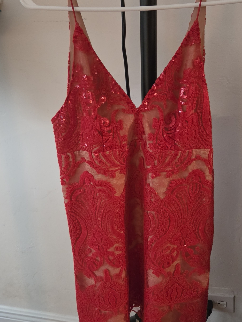Free People Red Lace Sequin V-Neck Slip Dress